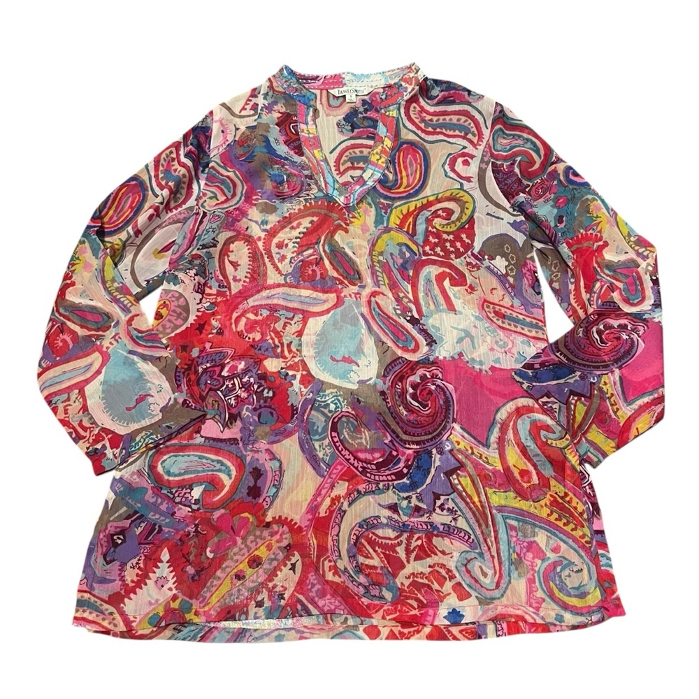 TravelSmith Women Small Colorful Sheer Paisley Split‎ Neck Tunic Blouse Top
